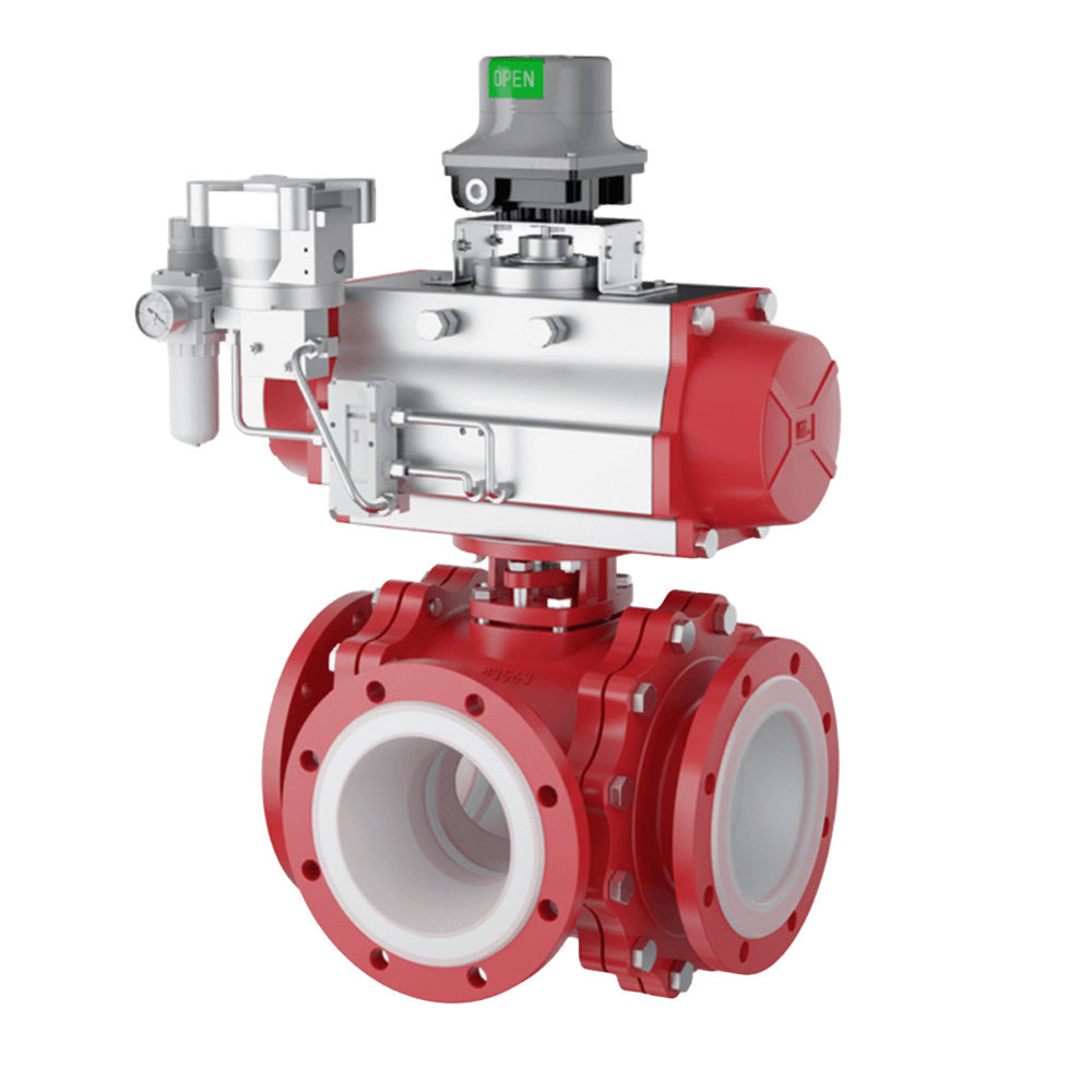 Válvula de Bola 3 Vías Anticorrosiva con Revestimiento PFA ANSI 150 cuerpo WCB – Cematic