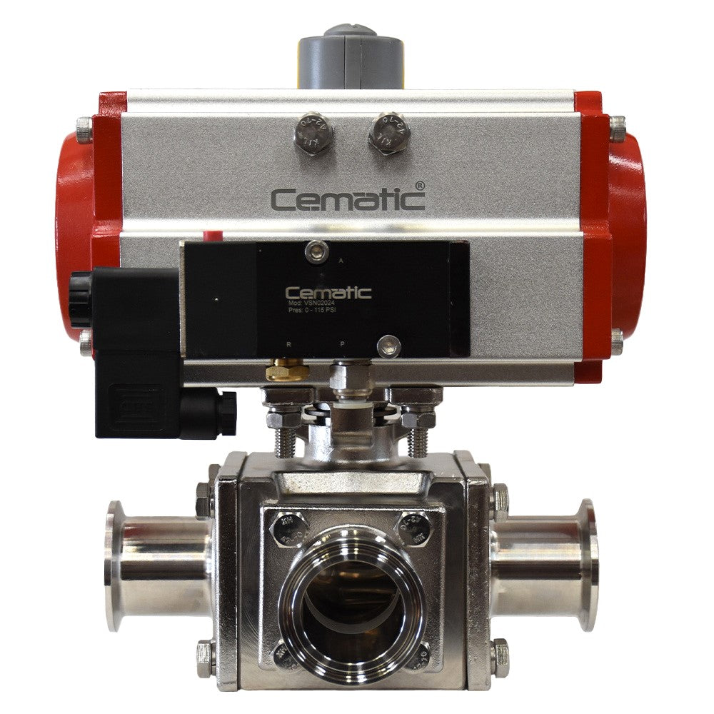 Válvula higiénica de bola 3 vías clamp 3165L con actuador Cematic