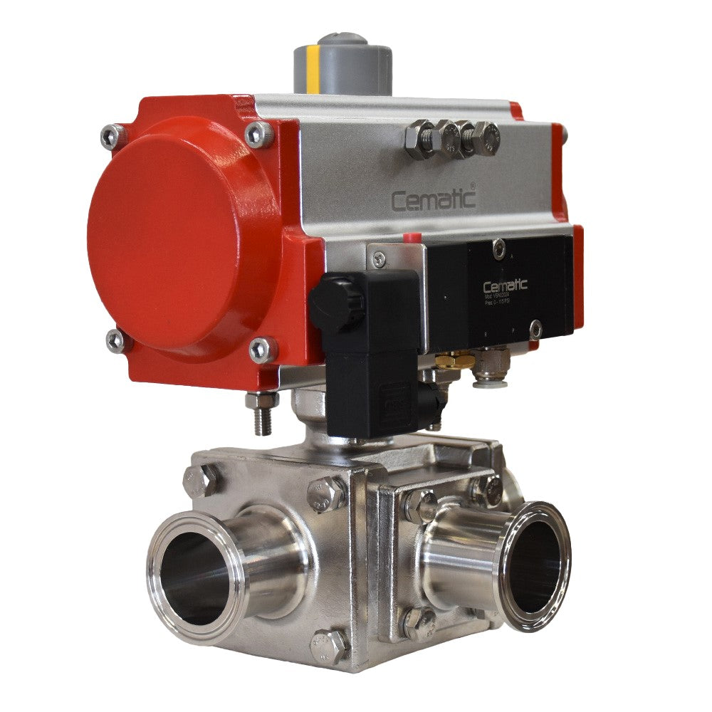 Válvula higiénica de bola 3 vías clamp con actuador neumático Cematic