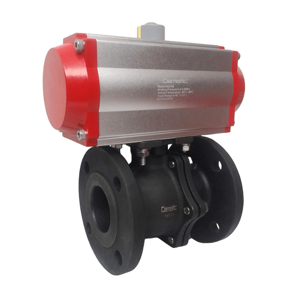 Válvula de bola WCB brida ANSI 150 actuador neumático simple doble efecto asiento PTFE - Cematic
