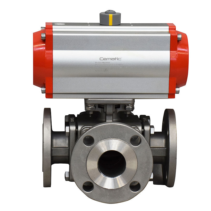 Válvula de bola 3 vías bridada ANSI 150 con actuador neumático en acero inoxidable 316 - Cematic